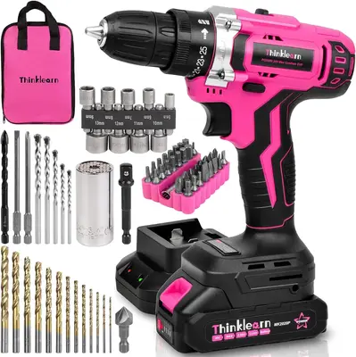 THINKLEARN Pink Cordless Drill Set, 20V Lithium-ion Power Drill Set for Women, Tool Set with Drill for Home Repair with 67Pcs...