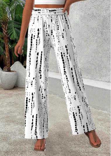 Modlily White Geometric Print Wide Leg Elastic Waist Pants - 2XL
