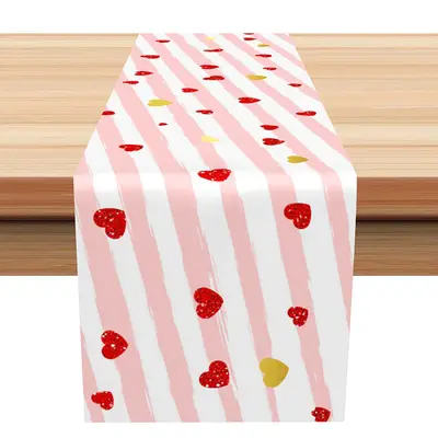 Red White Stripe Gold Heart Decoration Table Runner - Aperturee