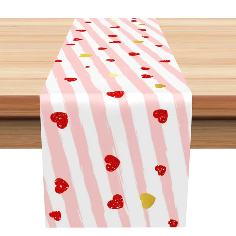 Red White Stripe Gold Heart Decoration Table Runner - Aperturee