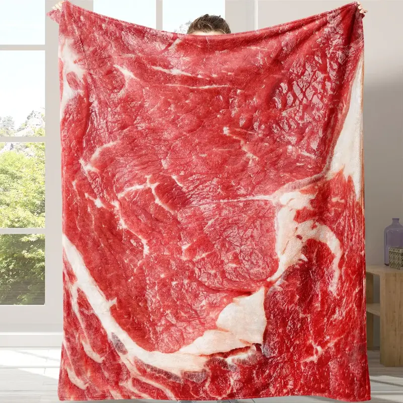 Meat Pattern Flannel Blanket, 1 Count Soft Throw Blanket with Storage Bag for Sofa, Bed, Couch, Travel, Camping, Office