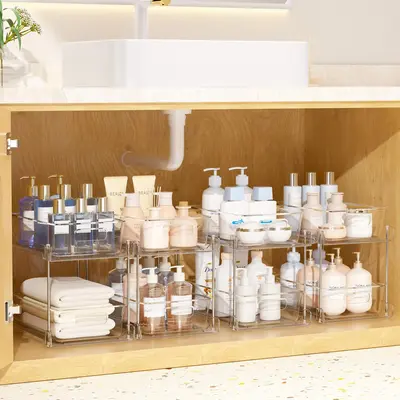 VTOPMART 2 Tier 2-4 Pack Clear Organizer, Kitchen Pull-Out Organization with Track For Under Sink , Medicine, Pantry