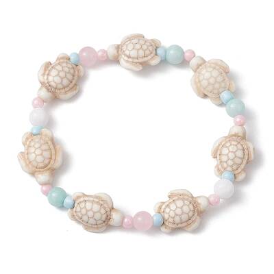 Dyed Natural Malaysia Jade & Synthetic Turquoise Turtle Beaded Stretch Bracelets