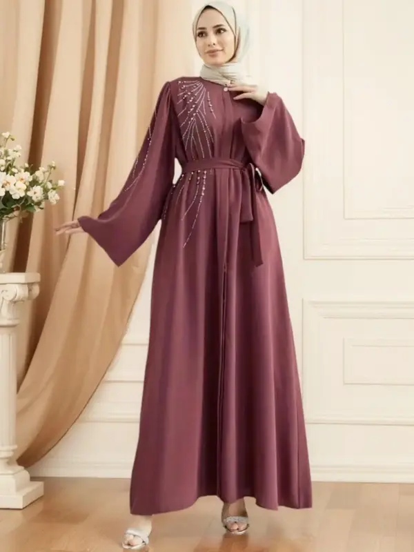 Women's Rhinestone Decor Belted Islamic Dress, Modest Long Sleeve Round Neck A Line Dress for Party Wedding Guest, Ladies I...