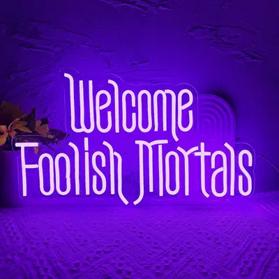 Welcome Foolish Mortals Halloween Neon Sign, Dimmable LED Coffin Wall Decor with Glowing LED for Haunted House, Halloween Par...