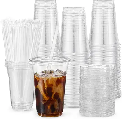 [100 sets -16 oz] Plastic cup with lid and straw, disposable cup suitable for iced coffee, smoothies, milkshakes, cold drinks...
