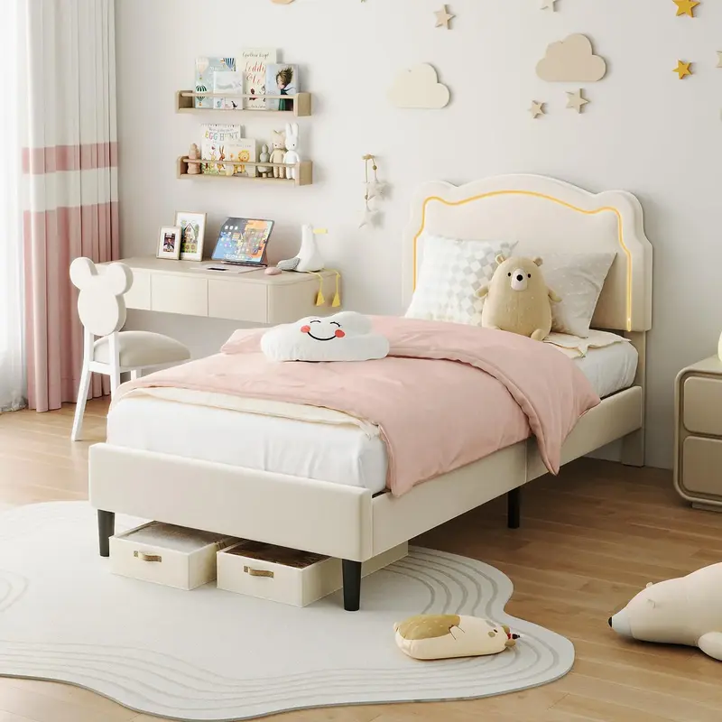 Garvee Kids Upholstered Bed Frame, Twin Velvet Princess Bed Frame with Adjustable Headboard, Smart RGB LED Lights, Wood Slats...