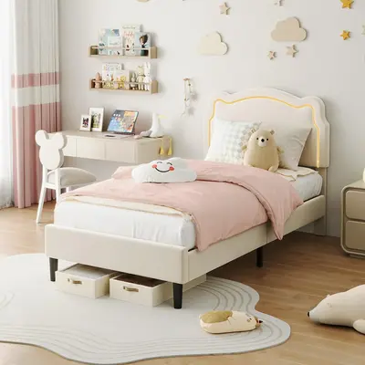 Garvee Kids Upholstered Bed Frame, Twin Velvet Princess Bed Frame with Adjustable Headboard, Smart RGB LED Lights, Wood Slats...