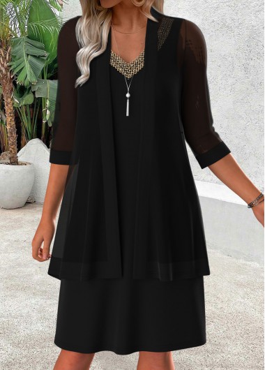 Modlily Black Tummy Coverage 3/4 Sleeve Dress and Cardigan - L
