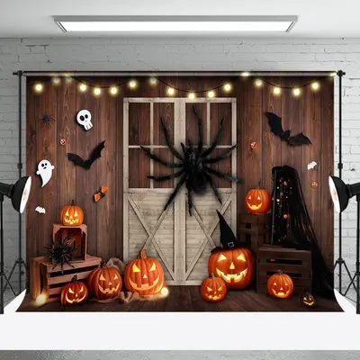 Scary Spider Pumpkins Wooden Room Halloween Backdrop