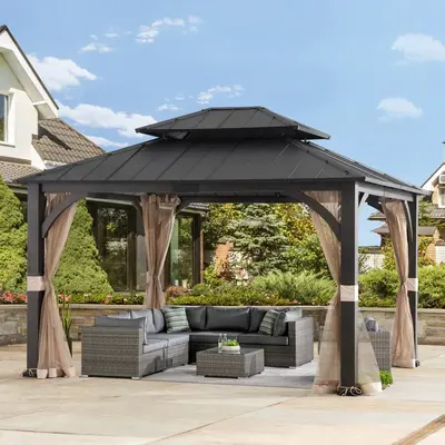 SUNJOY 15x13 Hardtop Steel Gazebo with Netting, Ceiling Hook & Realistic Woodgrain Finish