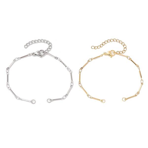2Pcs 2 Colors 304 Stainless Steel Cuboid Bar Link Chain Bracelet Making