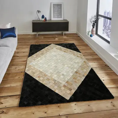 Beige & Black Cowhide Square Pattern Patchwork Rug