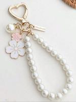 Elegant Flower Design Beaded Keychain, Faux Pearl Decorated Lightweight Keychain for Women & Girls, Fashion Accessories for D...