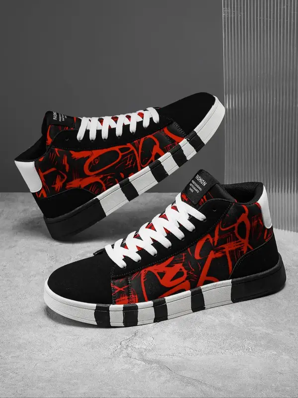 Men's  Fashionable Casual Colorblock Letter Print Lace Up High Top Skate Shoes, Stylish Striped Pattern Design Skate Shoes fo...