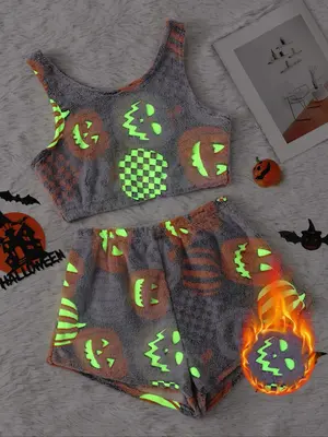 Women's Halloween Flannel Pajama Set, Glowing Pumpkin & Ghost Print Tank Top & Elastic Waist Shorts, Winter Nightwear
