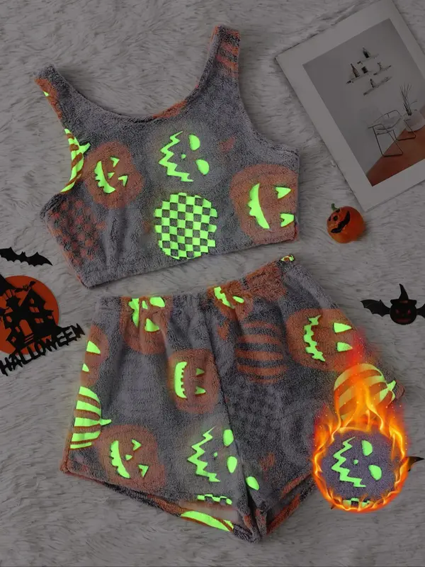 Women's Halloween Flannel Pajama Set, Glowing Pumpkin & Ghost Print Tank Top & Elastic Waist Shorts, Winter Nightwear