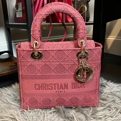 Pre-owned christian dior Canvas Crossbody Bags Medium Cannage Lady D Lite Bag in Pink with Gold Tone Hardware Crossbody Bag