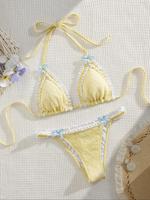 Two-Piece Set Women's Contrast Lace Bow Decor Bikini Set, Casual Tie Back Swim Bra & Swim Panty, Ladies Swimsuit for Beach Ho...