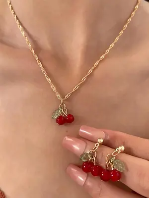 Cute Cherry Design Pendant Necklace & Dangle Earrings, Fashion Jewelry for Party, Daily Clothing Decor, Trendy All-match & Ex...