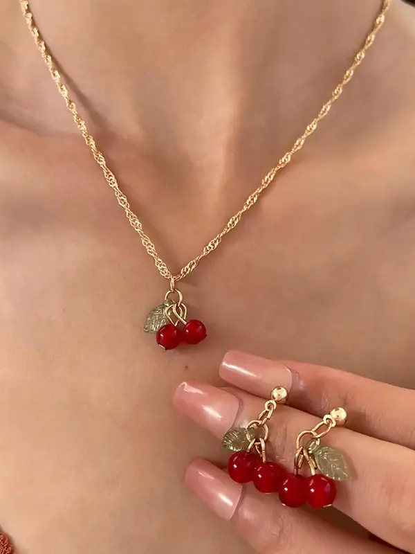 Cute Cherry Design Pendant Necklace & Dangle Earrings, Fashion Jewelry for Party, Daily Clothing Decor, Trendy All-match & Ex...