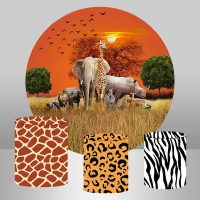 Aperturee Orange Sky With Animal Wordland Roung Birthday Backdrop | Round Party Backdrop | Circle Backdrops For Birthday | Cu...