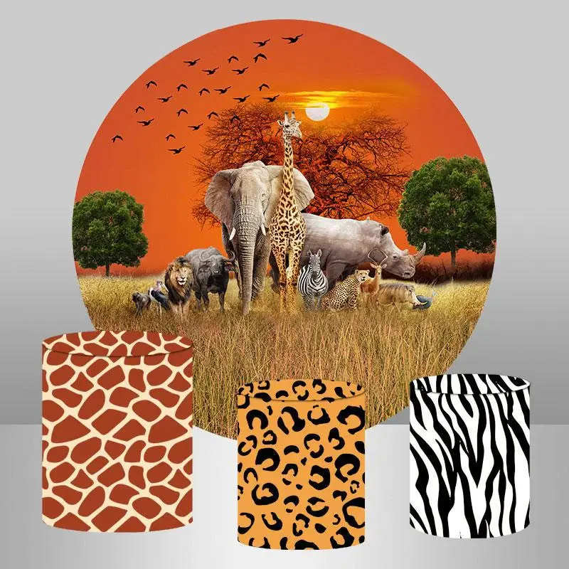 Aperturee Orange Sky With Animal Wordland Roung Birthday Backdrop | Round Party Backdrop | Circle Backdrops For Birthday | Cu...