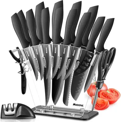 17-Piece German High Carbon Stainless Steel Knife Set with Block – Ultra-Sharp Chef, Bread & Steak Knives, Scissors & Sharp...