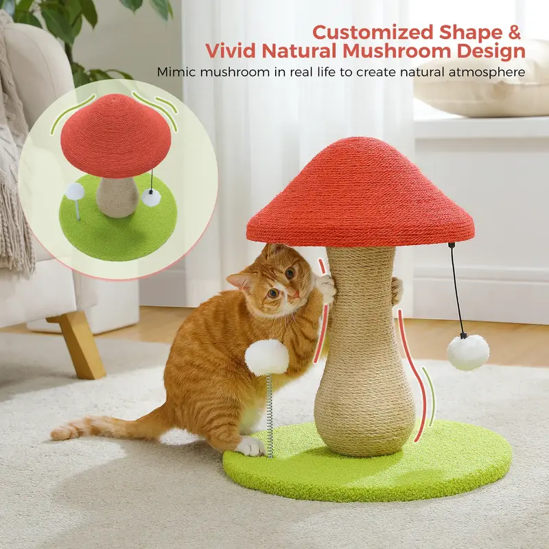 PAWZ Road Cat Scratching Post, Mushroom Tall Cat Scratcher Featuring with Natural Sisal Scratching Poles and Interactive Toy ...
