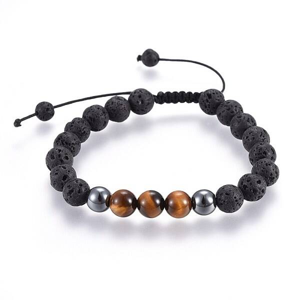 Natural Lava Rock and Non-Magnetic Synthetic Hematite Beads Braided Bead Bracelets