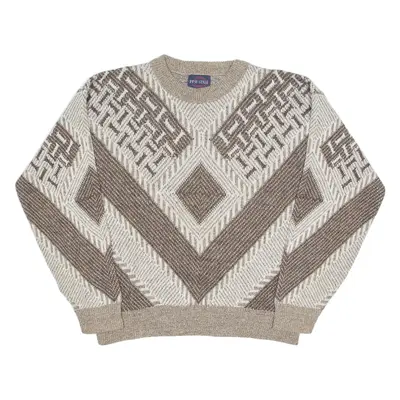 PINE STATE Mens Patterned Jumper Beige Geometric Tight Knit M