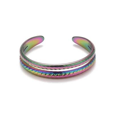 Rainbow Color Ion Plating(IP) 304 Stainless Steel Double Line Open Cuff Ring for Women