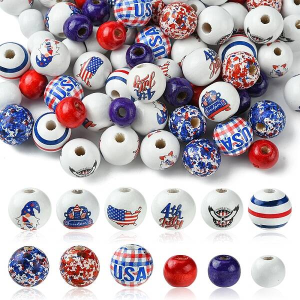 75Pcs 12 Styles Independence Day Theme Wood European Beads