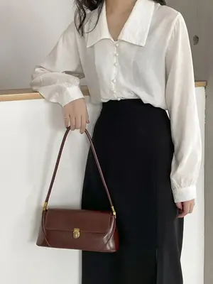 Women's Summer 2024 Elegant Plain Minimalist Pu Leather Baguette Bag, Solid Color Vintage Shoulder Bag, Buckle Decorated Tre...