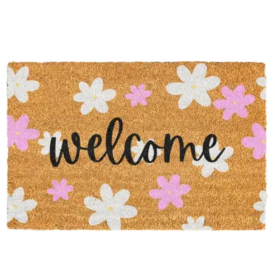 Spring Doormat, Cute Pink and White Flower Door Mat with Rubber Backing, Coir Material for Indoor/Outdoor Use (Small/Medium/L...