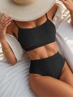 Two-piece Set French Style Women's Plain Ribbed Frankies Bikini for Summer, Adjustable Strap Swim Top & High Waisted Design S...