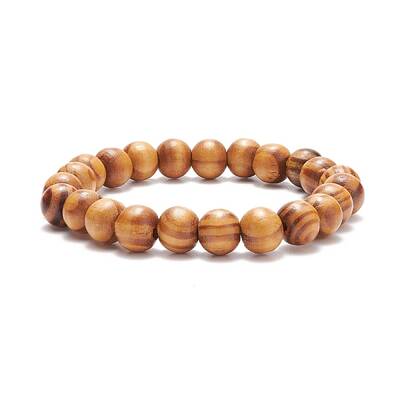 Natural Wood Round Beaded Stretch Bracelet
