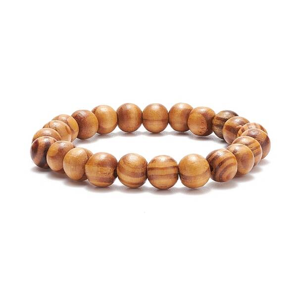 Natural Wood Round Beaded Stretch Bracelet