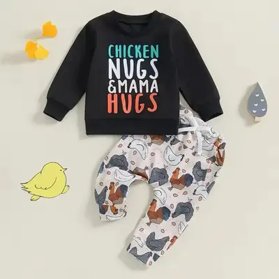 Toddler Boy Autumn 2PCS Outfits Long Sleeve O Neck Letter Print Tops Chicken Print Pants Sets - Kids Fashion