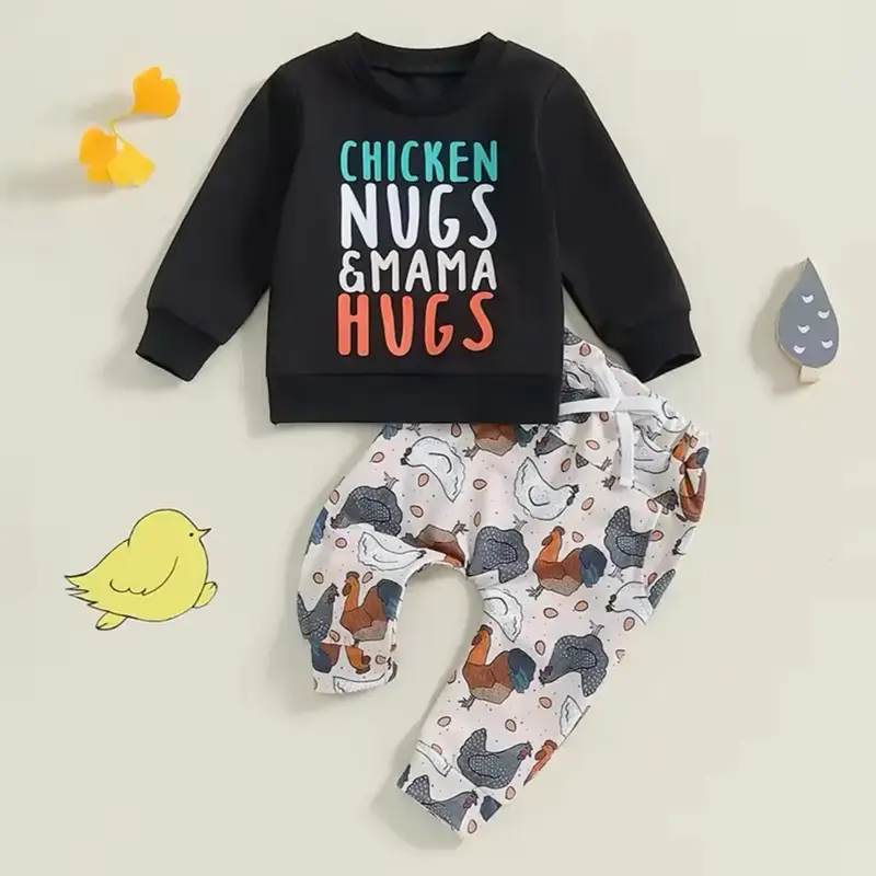 Toddler Boy Autumn 2PCS Outfits Long Sleeve O Neck Letter Print Tops Chicken Print Pants Sets - Kids Fashion