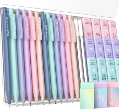 Four Candies Back to School Mechanical Pencil Set, with 0.5mm / 0.7mm /0.5 & 0.7mm Lead Refills (HB & 2B), Pastel Erasers & E...