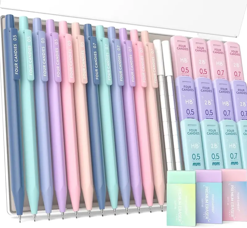 Four Candies Back to School Mechanical Pencil Set, with 0.5mm / 0.7mm /0.5 & 0.7mm Lead Refills (HB & 2B), Pastel Erasers & E...