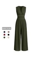 Women's Plain Ruched V Neck Ribbed Tank Jumpsuit, Elegant Sleeveless Wide Leg Jumpsuit for Vacation Holiday Party, Ladies Sum...