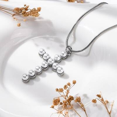 304 Stainless Steel & Plastic Pearl Cross Pendant Round Snake Chain Necklaces for Women