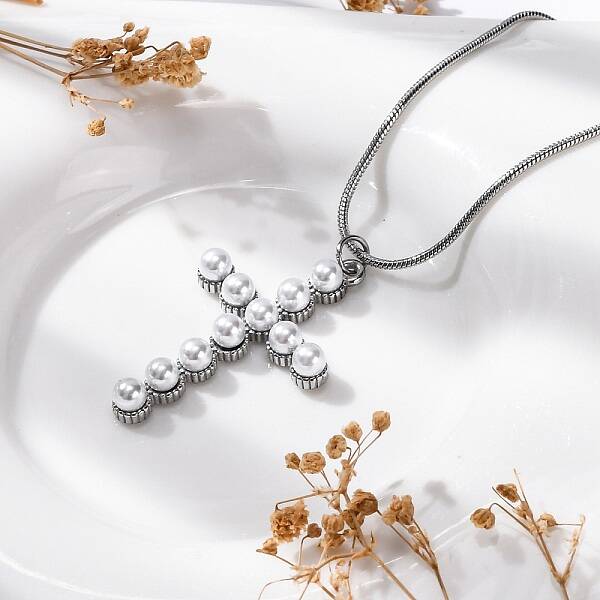 304 Stainless Steel & Plastic Pearl Cross Pendant Round Snake Chain Necklaces for Women