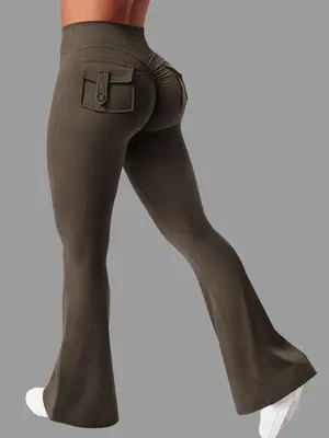 Women's Solid Ruched Pocket High Waist Sports Leggings, Casual Comfy Breathable Skinny Pants for Yoga Gym Workout Running, La...