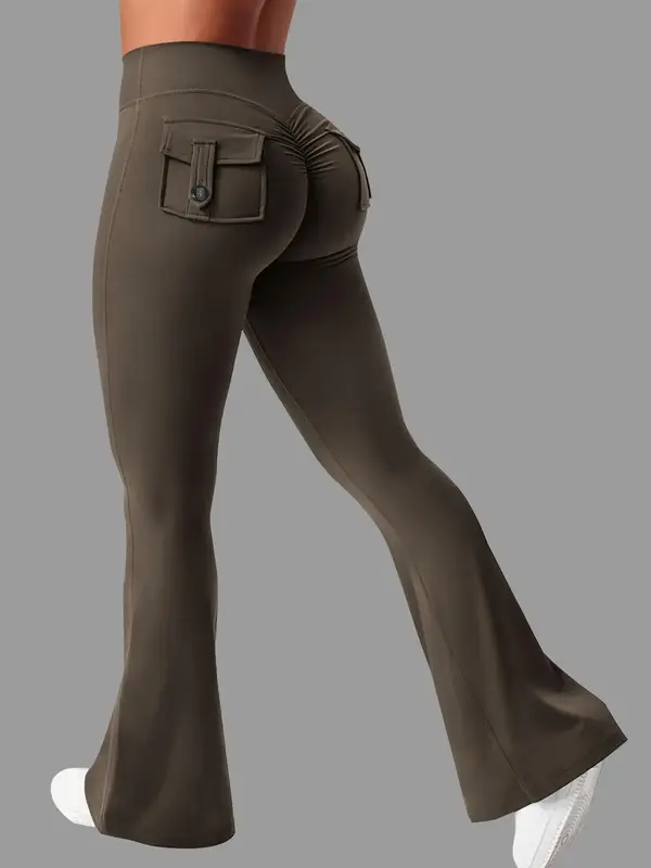 Women's Solid Ruched Pocket High Waist Sports Leggings, Casual Comfy Breathable Skinny Pants for Yoga Gym Workout Running, La...