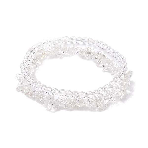 Chip & Round Natural Quartz Crystal Beaded Stretch Bracelets
