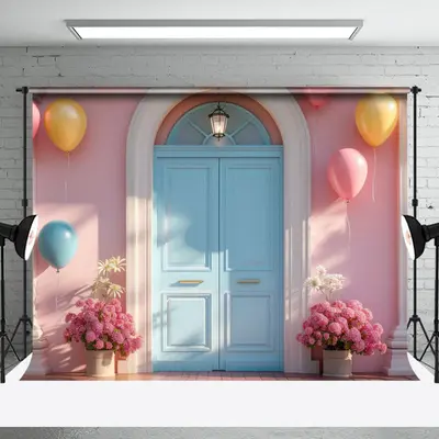 Modern Balloon Floral Blue Pink Door Photo Backdrop - Aperturee