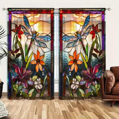 Dragonfly Pattern Door Curtain, 1 Set Colorful Glass Printing Art Door Curtain, Home Decor for Living Room Bedroom Study Room